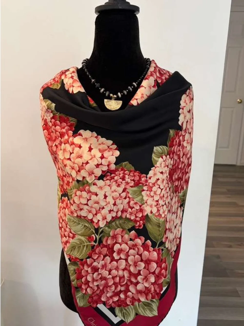 Dior Silk Scarf Red Black Floral Hand Rolled