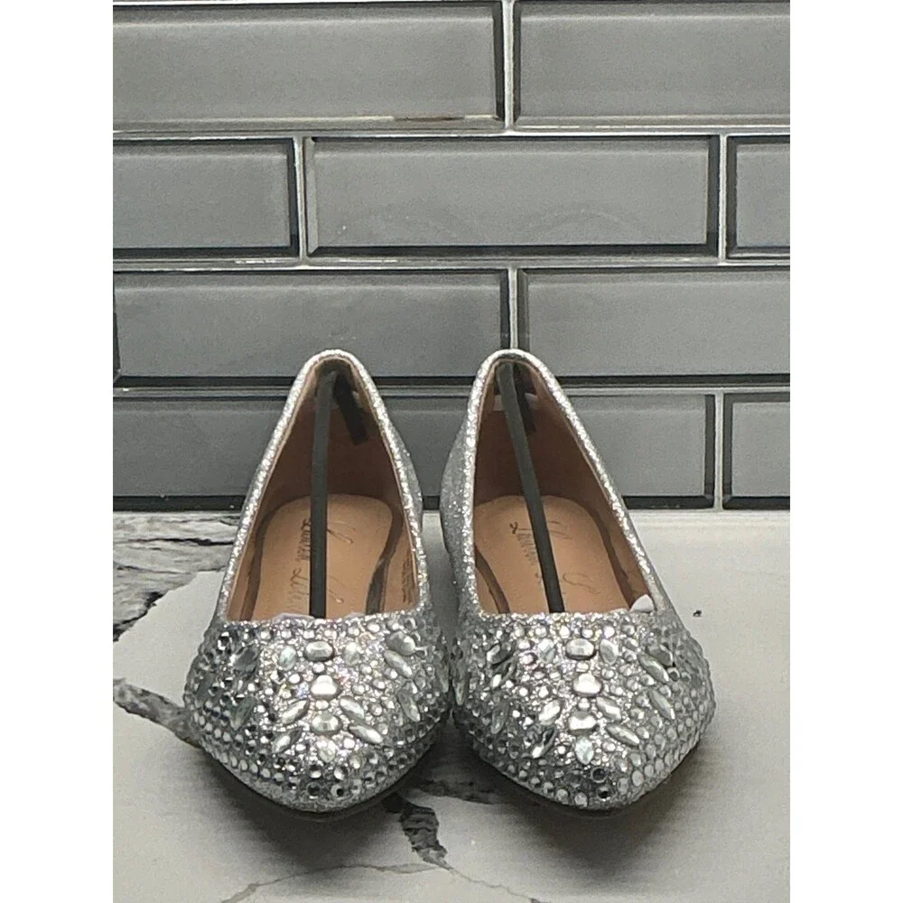 Lauren Lorraine Kelsey Silver Glitter Rhinestone Pointed Toe‎ Flats Shoes Size 9