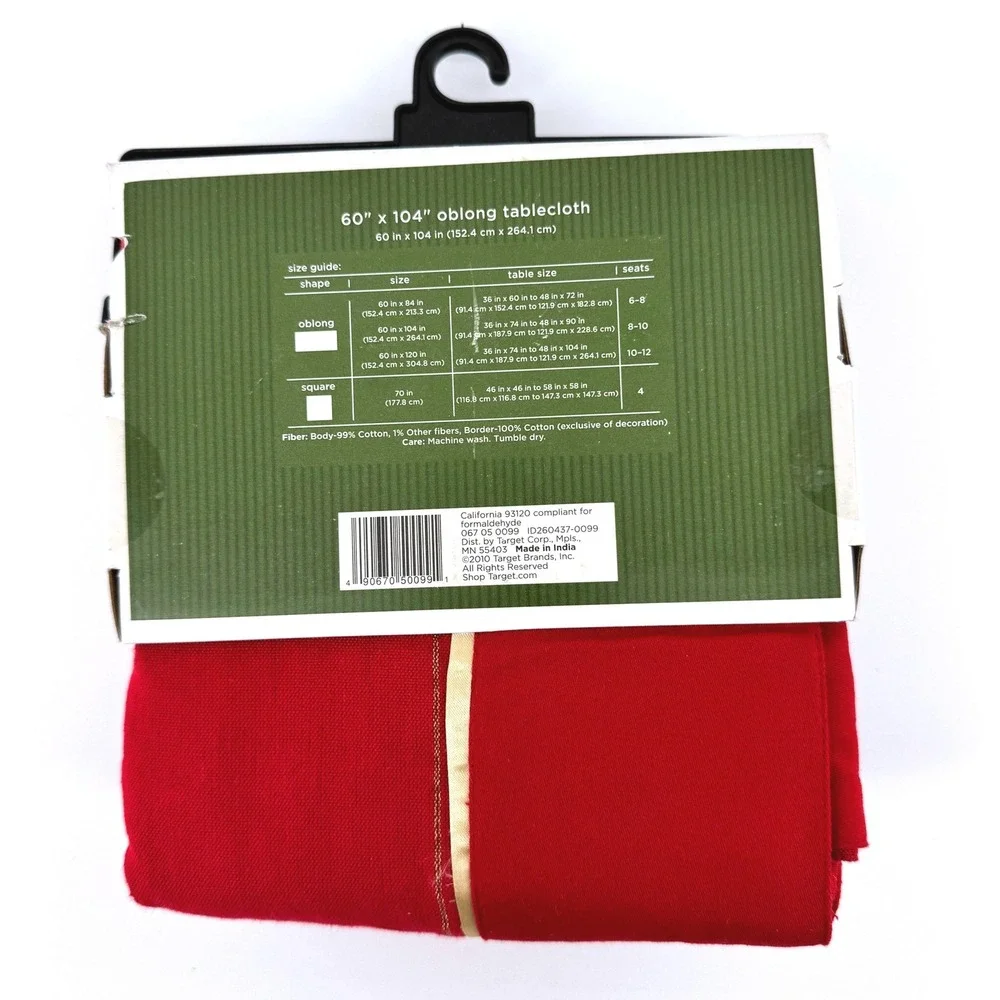 Classic Tidings Red Oblong Tablecloth 60x104 Gold Border Cotton Blend 8-10 Seats