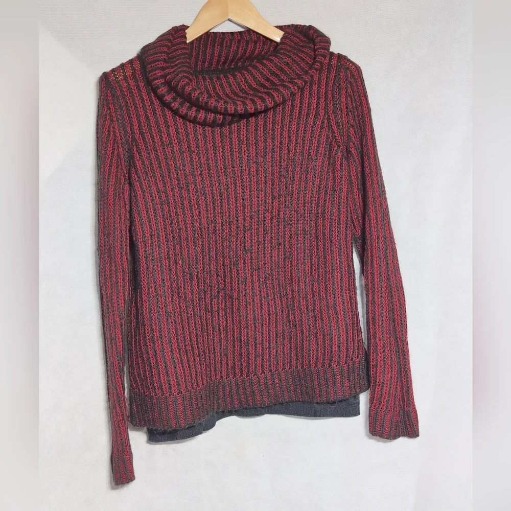 DKNY Cotton Acrylic Sz L Red and Black Striped Cowl Neck Sweater