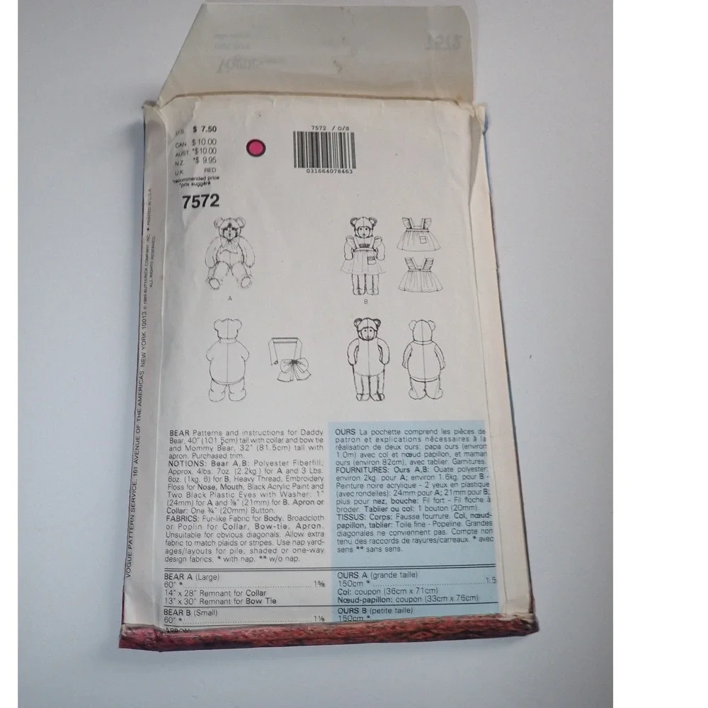 Vogue Patterns 7572 Linda Carr Teddy Bears Sewing Pattern OS Vintage Uncut