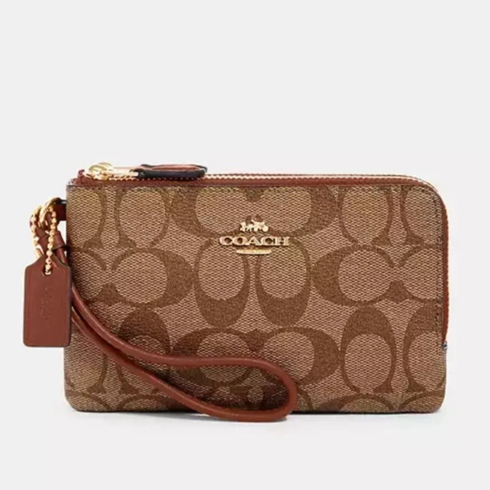 NWT COACH Small Double Zip Corner Wallet Wristlet in Khaki/Redwood
