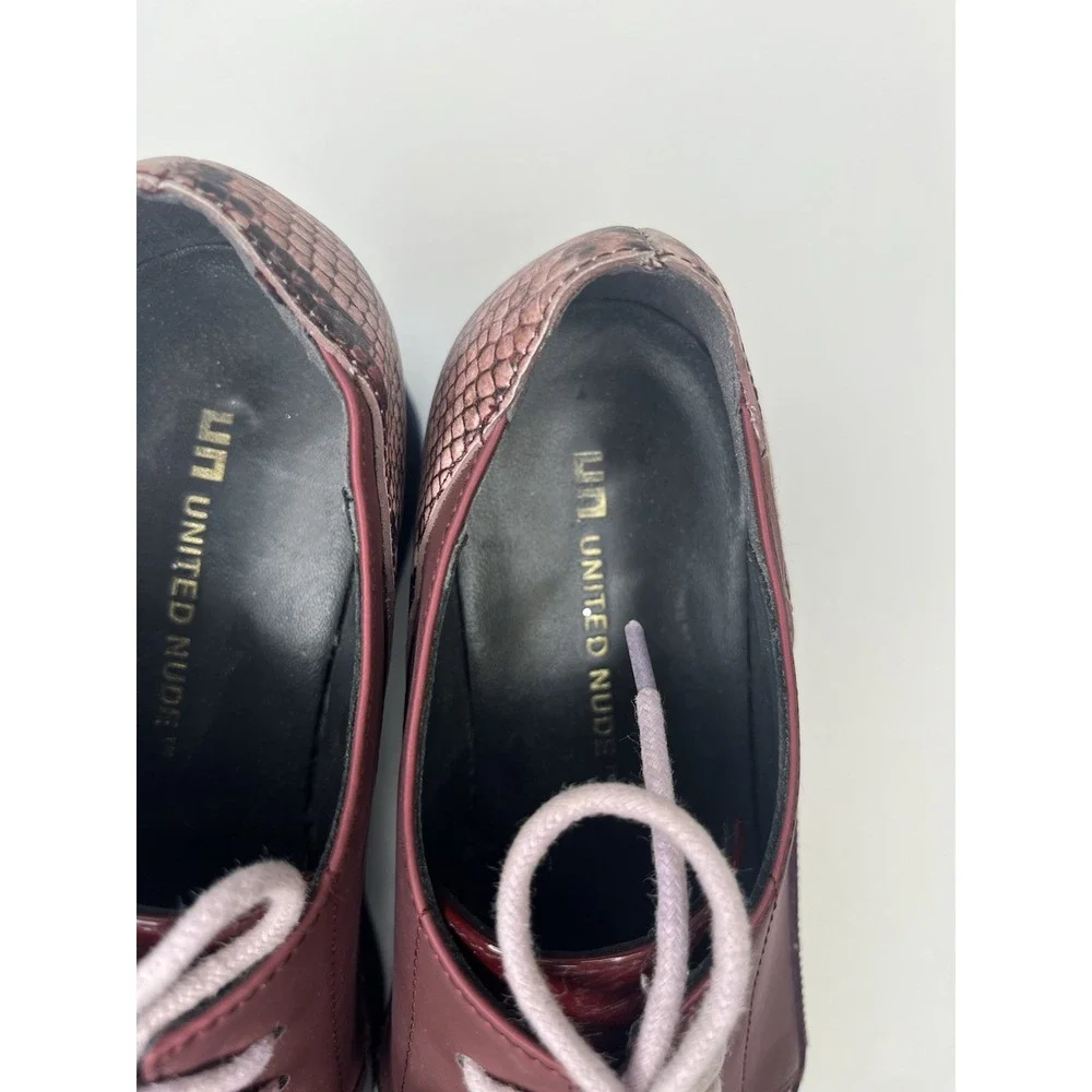 United Nude Spark Derby Burgundy Platform Oxford Womens 37 / US 6.5 Snake Print‎
