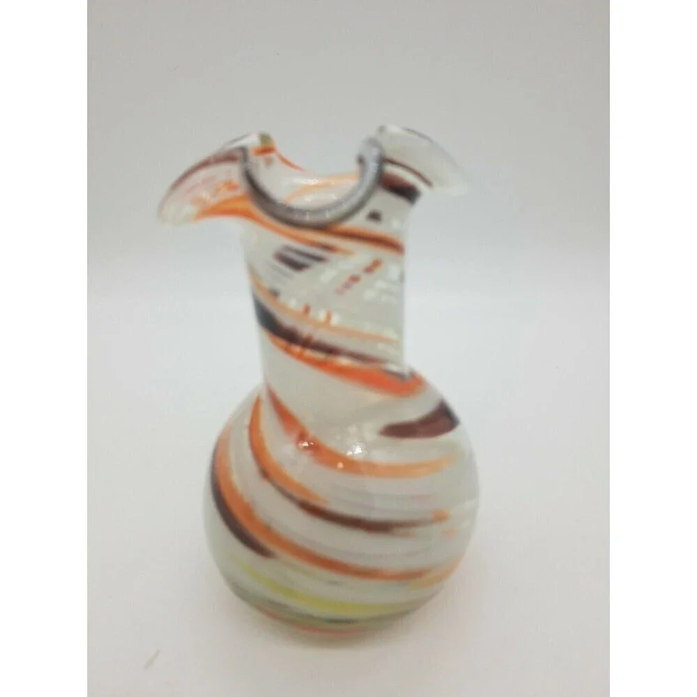 Vtg Vintage Ozark Art Glass Vase Brown Orange Ruffle Edge  5-1/2 Swirl