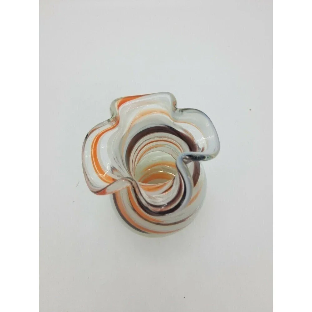 Vtg Vintage Ozark Art Glass Vase Brown Orange Ruffle Edge  5-1/2 Swirl