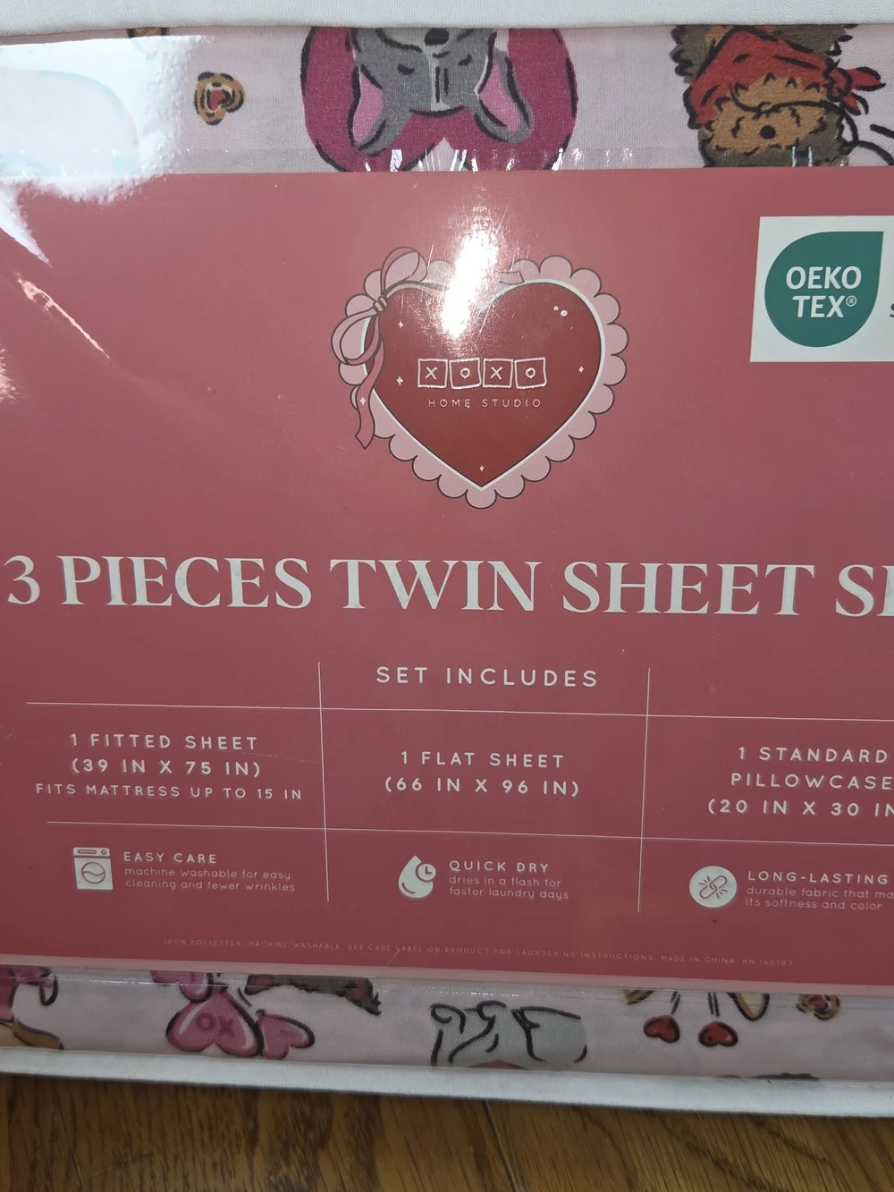 New-XOXO Dog Print 3 Piece Twin Sheet Set in Pink Pockets Up To 15 inch. CP