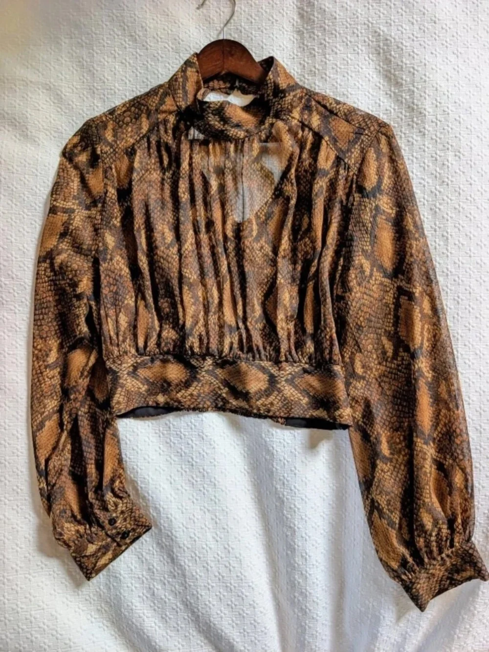 Zara Snake Gold Dramatic Balloon Sleeves Sheer Crop Top