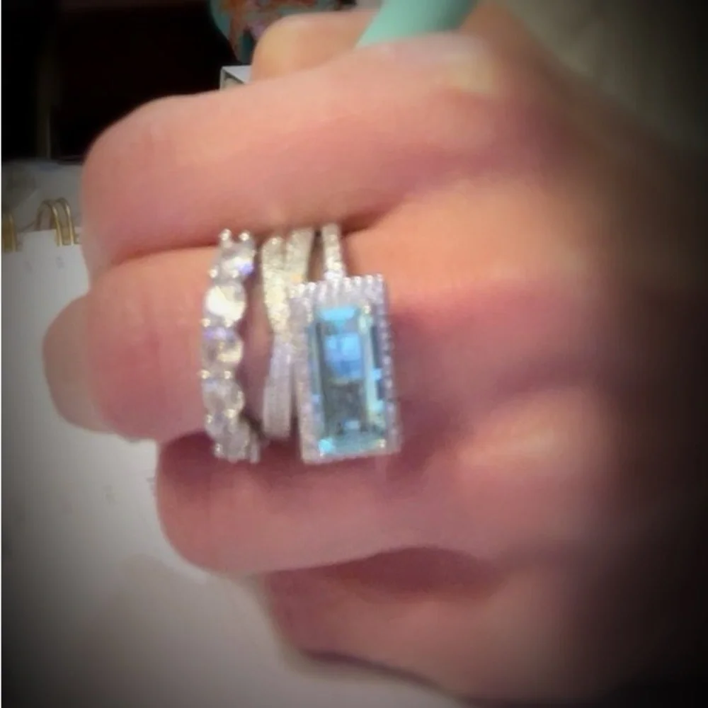 Aquamarine and Diamond 3 Ring Statement Stacked Ring Set - Women Jewelry Size 8