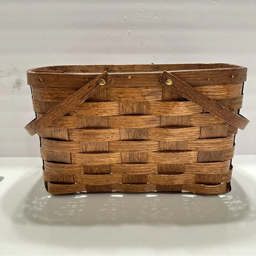 Vintage Dark Brown Woven Basket Wooden‎ Handles Rectangle Skinny Brass Hardware