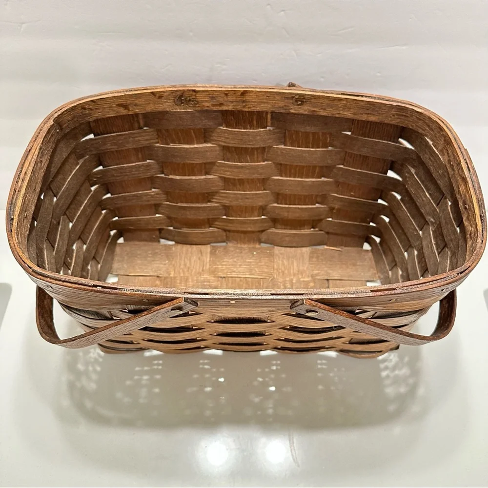 Vintage Dark Brown Woven Basket Wooden‎ Handles Rectangle Skinny Brass Hardware