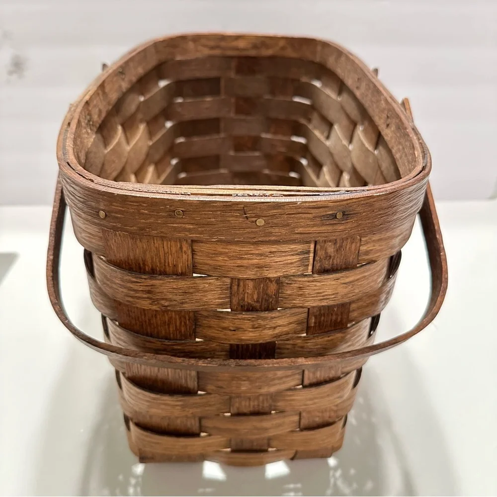 Vintage Dark Brown Woven Basket Wooden‎ Handles Rectangle Skinny Brass Hardware