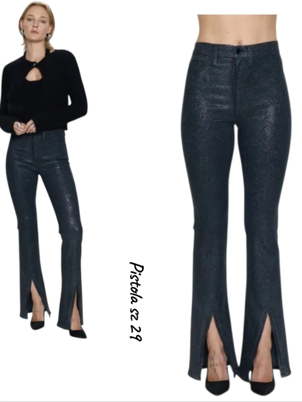 Pistola Colleen High Rise Stargaze Black Glitter Slit Bootcut Jeans 29 NWT
