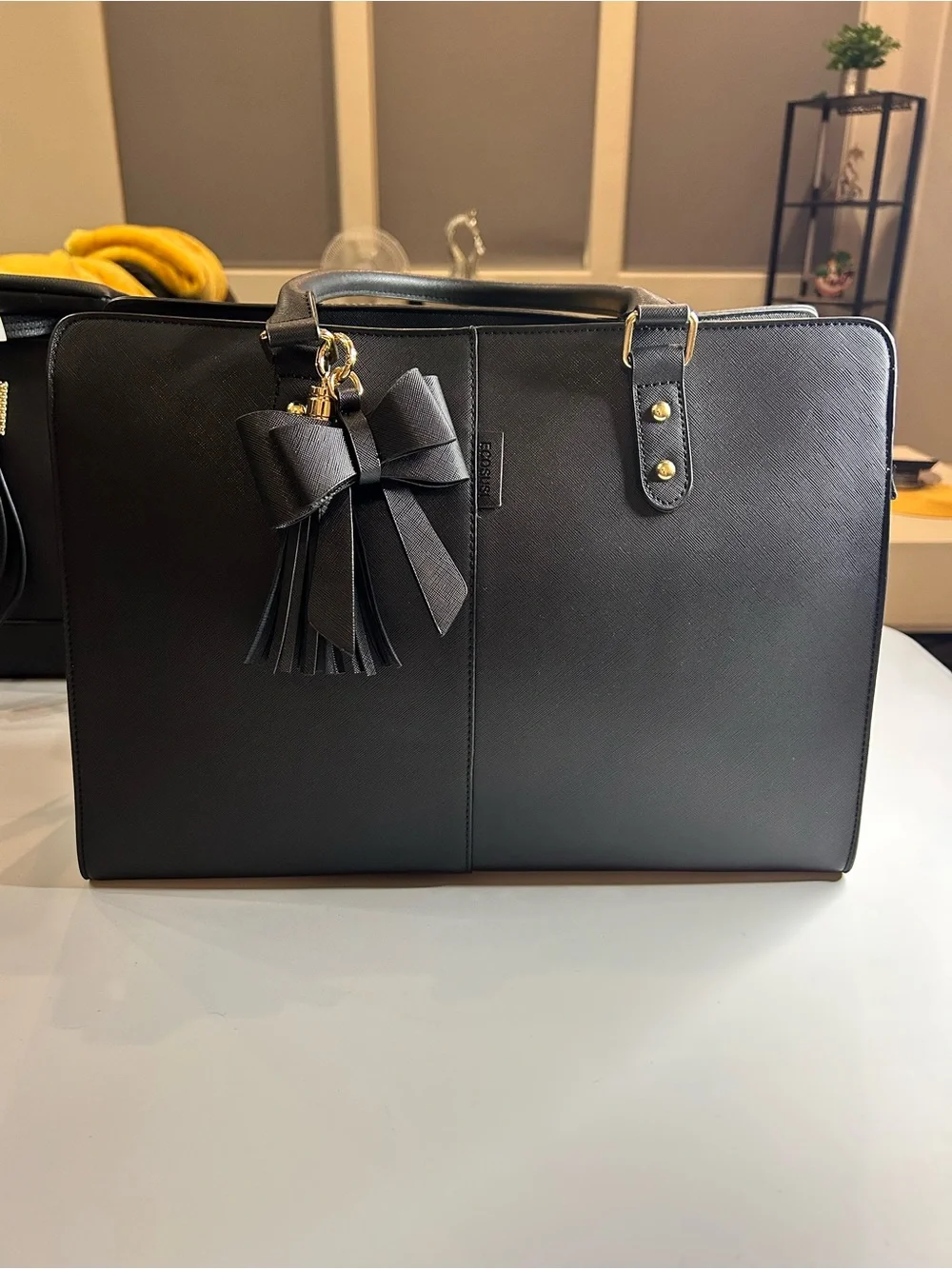 Black-Women's Laptop Tote Bag with Bow Charm - Sleek Professional Work Bag