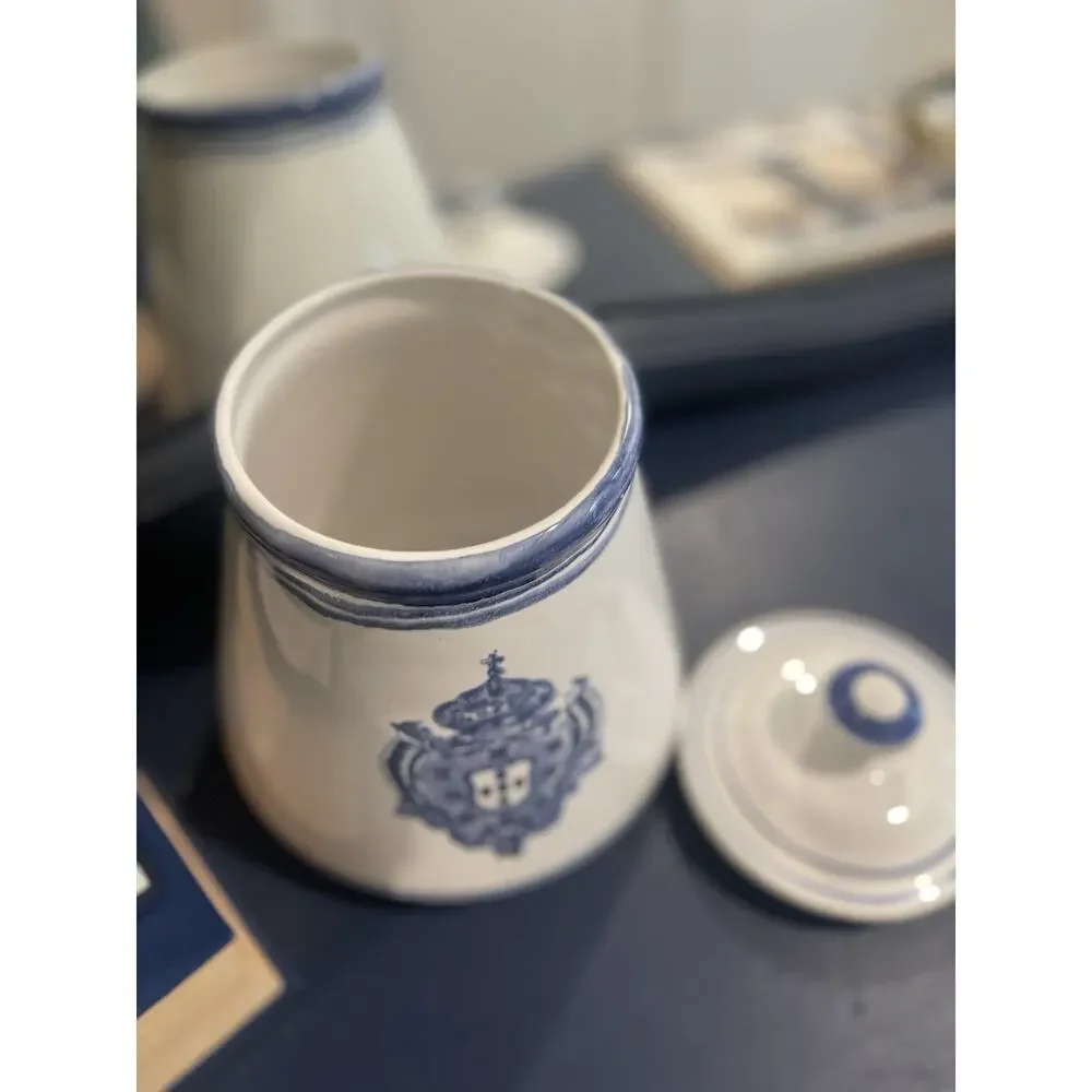 Blue White Ceramic Jar Canister w/Lid Faiancas Belo style Royal Crest Portuguese