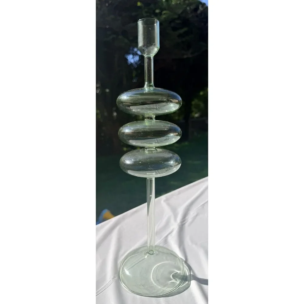 Crate & Barrel Venezia Large Smoke Green Glass Taper Candle Holder 15