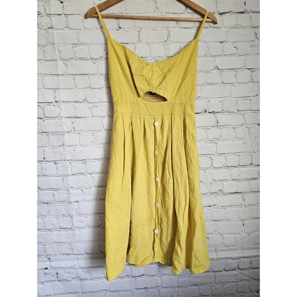 Fancyinn Mustard Yellow‎ Cutout Button Front Smocked Back Sundress Womens Medium
