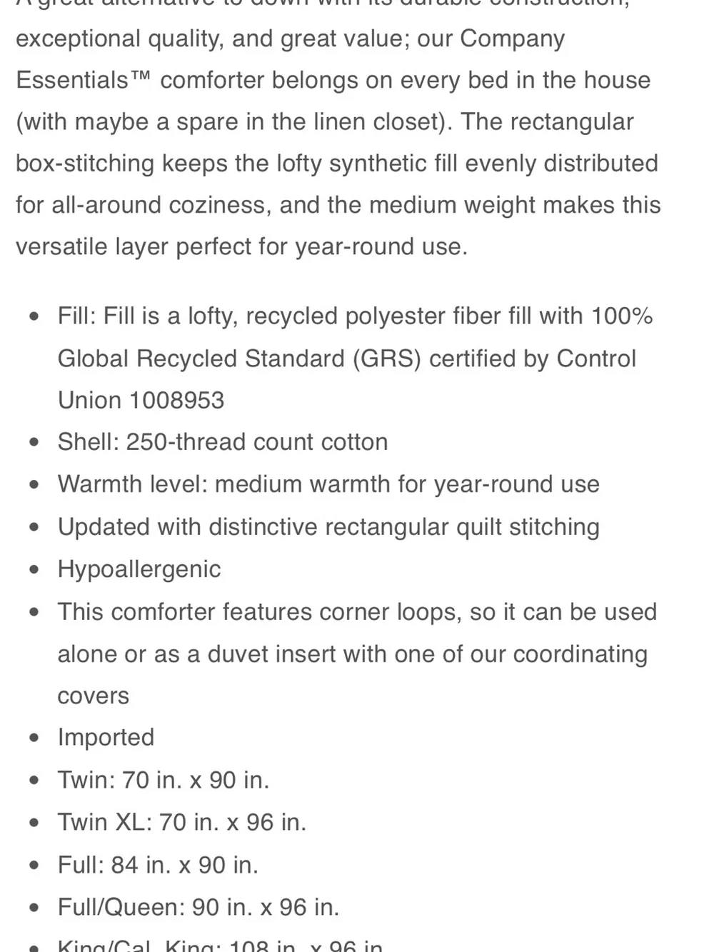 The Company Store Light Blue Box-Stitch Comforter Down Alternative