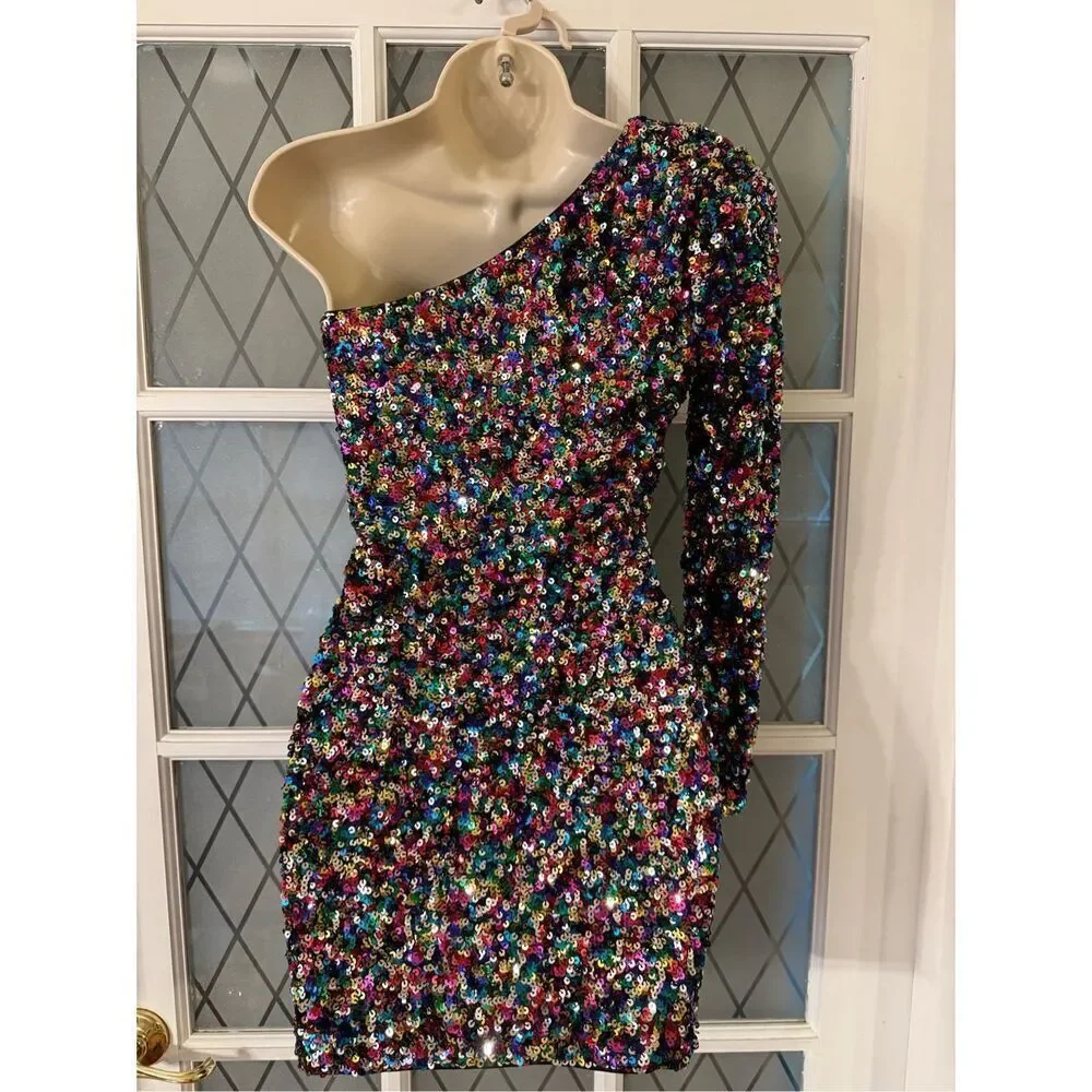 Women’s Sequin One Shoulder Cocktail Party Mini Dress Size XS Stretchy