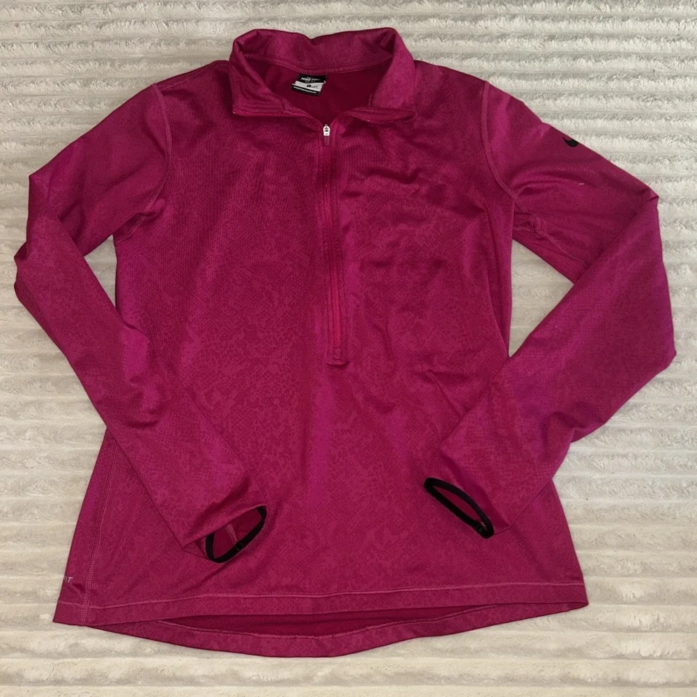 Nike Pro Pullover Womens Large Hot Pink Dri-Fit 1/2 Zip Mock Neck Fleece Lined‎