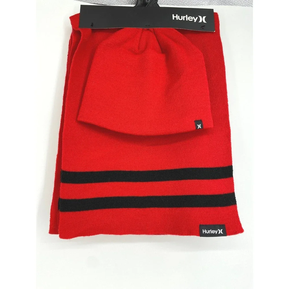 Hurley New‎ Yorker Beanie & Scarf Set Red Black Striped Knit Winter Hat