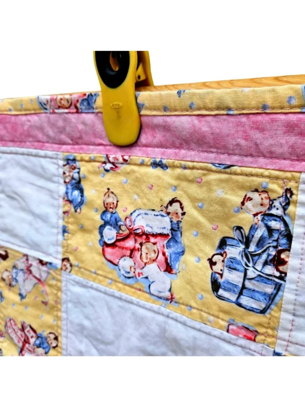 Vintage Baby Quilt Girl Pink Yellow Cotton Machine Embroidery 42x39