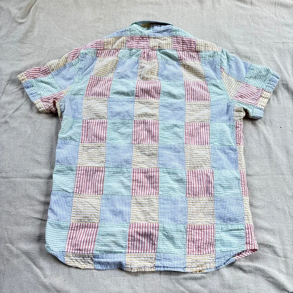 J.Crew Mens Slim Fit Seersucker Patchwork Shirt Multi Color Striped Org Cotton