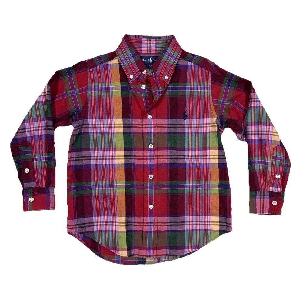 Ralph Lauren Boys 4 4T Plaid Long Sleeve Button Down Shirt Red Purple Green Pony
