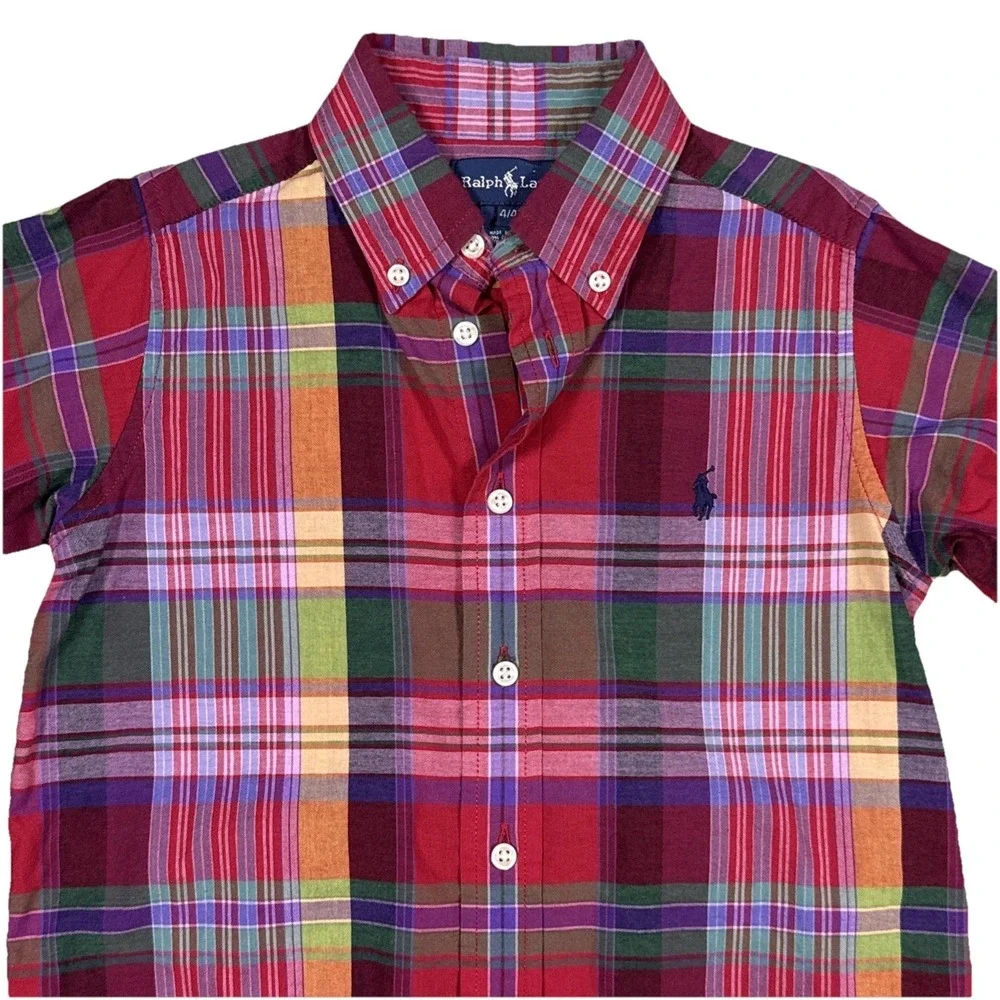 Ralph Lauren Boys 4 4T Plaid Long Sleeve Button Down Shirt Red Purple Green Pony