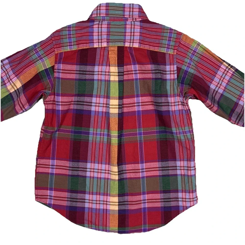 Ralph Lauren Boys 4 4T Plaid Long Sleeve Button Down Shirt Red Purple Green Pony