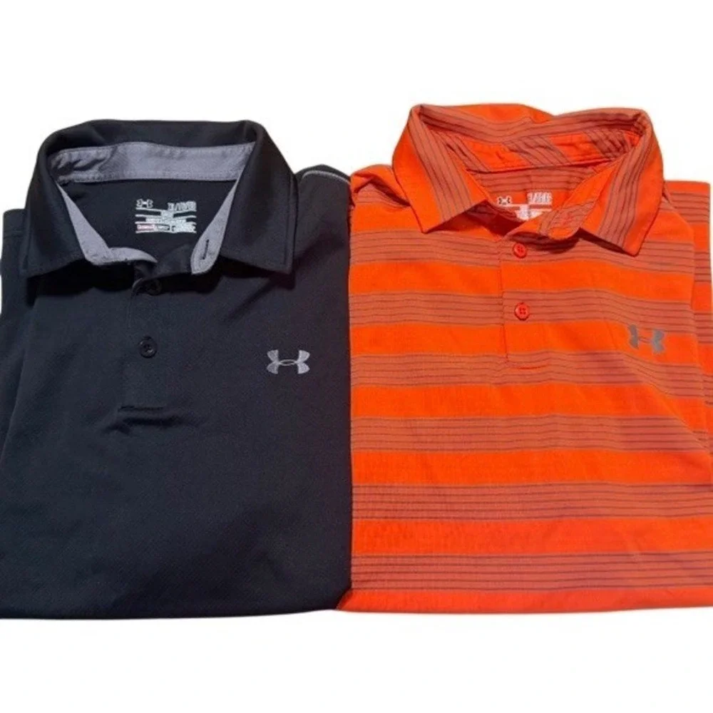 Under Armour‎ Mens XL HeatGear Polo Shirt Lot 2 Black Orange Striped Loose Fit