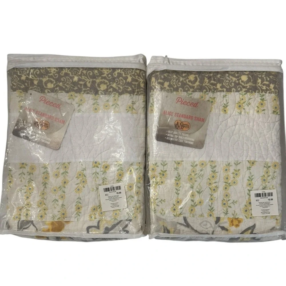 Cracker Barrel NIP Set Of 2 Alice Quilted Pillow Shams Gray Yellow‎ Patchwork