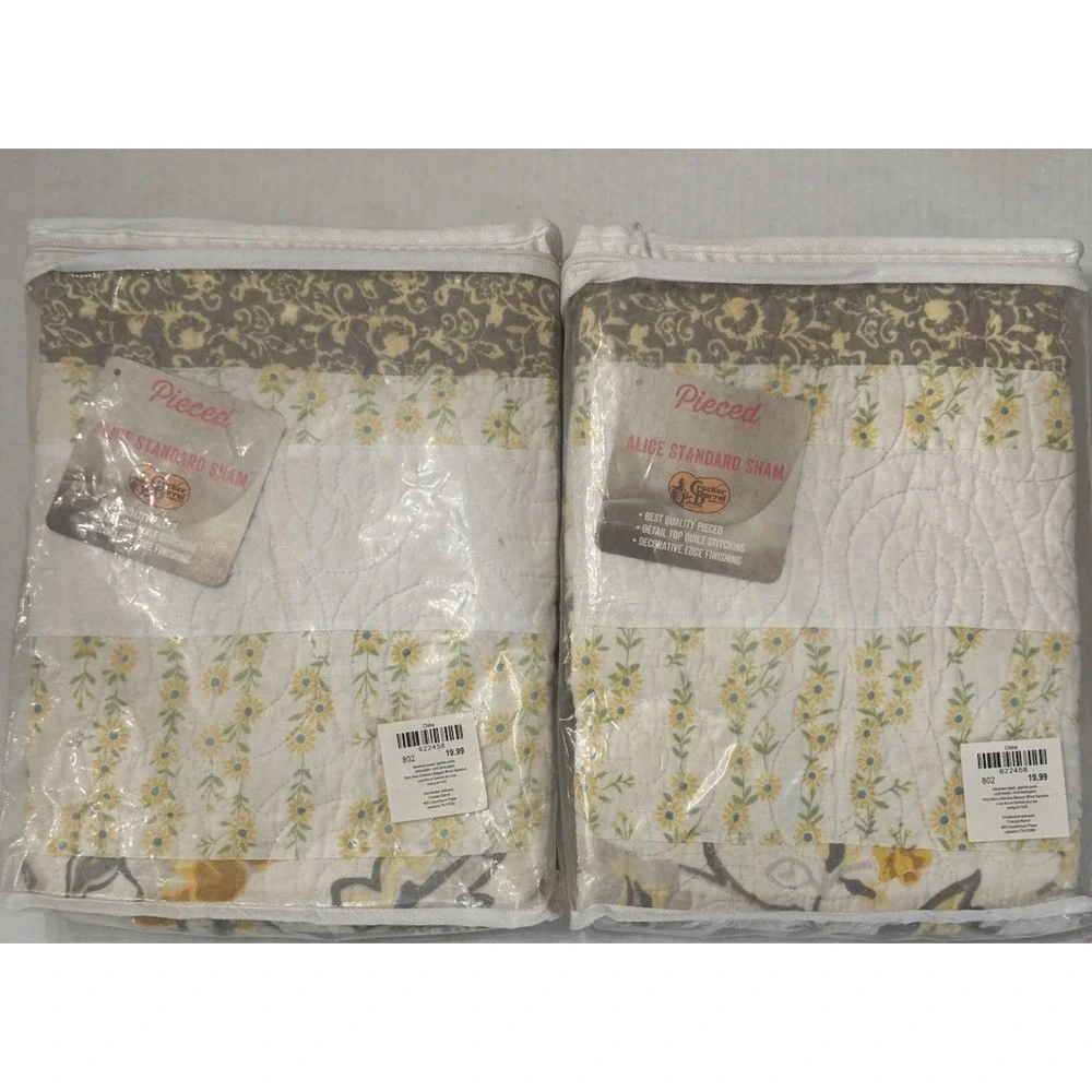 Cracker Barrel NIP Set Of 2 Alice Quilted Pillow Shams Gray Yellow‎ Patchwork