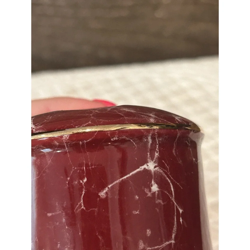 Ceramic‎ Faux Marble Bathroom Toothbrush Holder Burgundy White Gold Trim