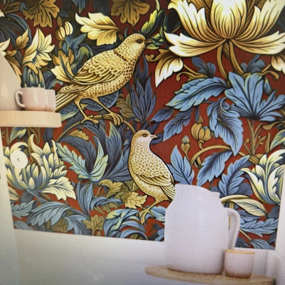 Spoonflower Wallpaper Prepasted 11 Rolls 2' X 9'‎ William Morris Bird Red Blue