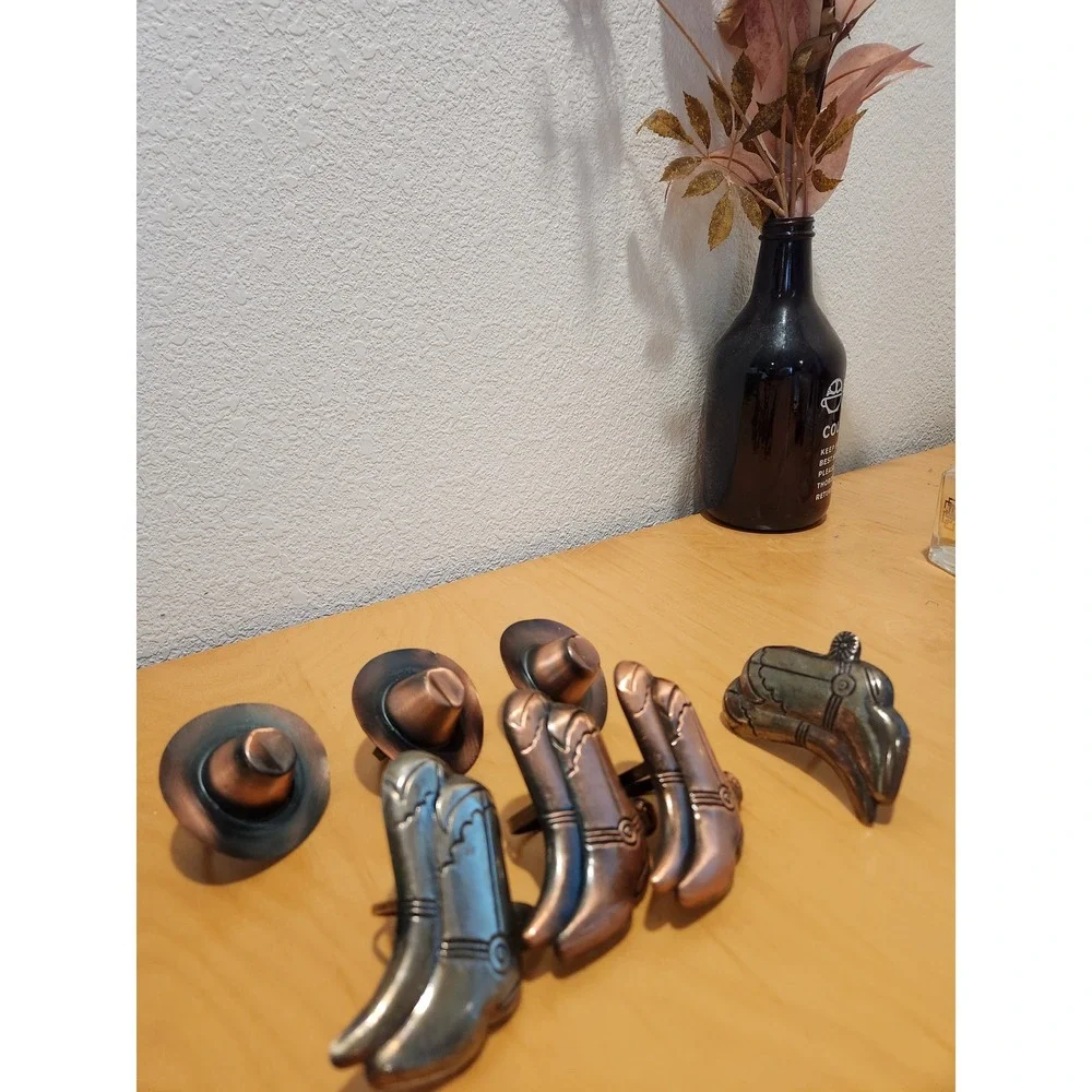 Vintage Cowboy Boot Napkin Rings Set Metal Copper Tone Western‎ Decor