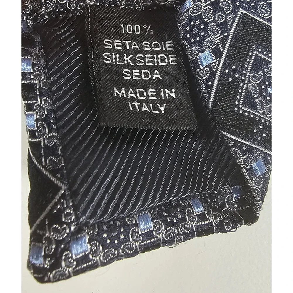 ERMENEGILDO ZEGNA Men's 100% Silk LUXURY Tie‎ Blue Black Silver Geometric
