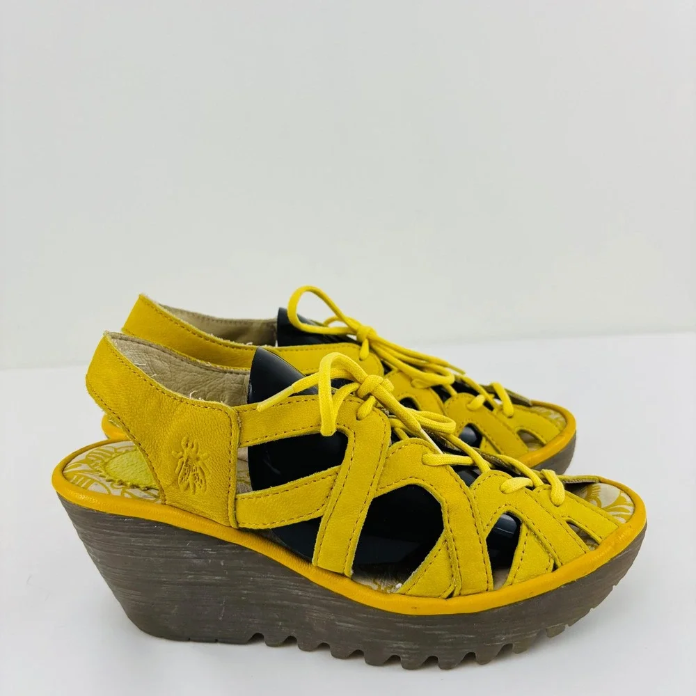 Fly London Yapi Lemon Yellow Leather Lace up Wedge Sandal‎ Sz 6 (36)