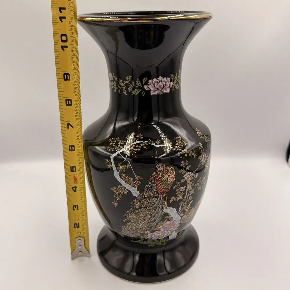 Vintage Japanese Black Peacock Floral Vase 11” Gold Trim Hand Decorated Japan