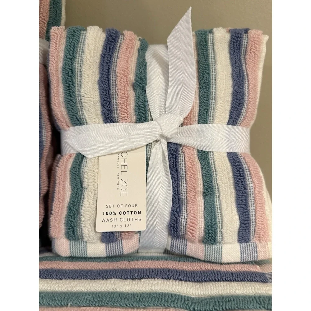 8pc Rachel Zoe Cotton Pink Teal Rainbow Striped Bath Hand Washcloth Towel Set