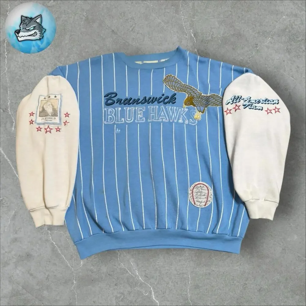 Vintage 80s Adidas Brunswick Blue Hawks‎ Baseball Sweatshirt Crewneck Large Rare