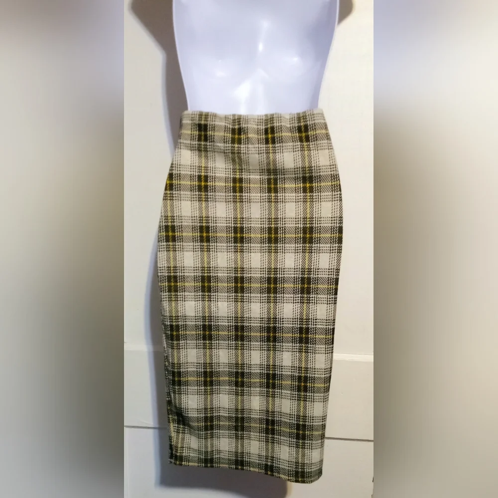Elegant Yellow Plaid Bodycon Pencil Skirt Sz XXS