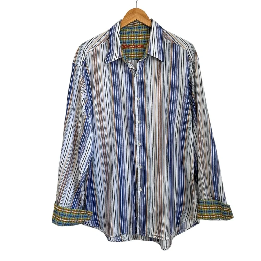 Robert Graham Mens Striped Button Up Shirt Sz 2XL Multicolor Contrast Cuffs