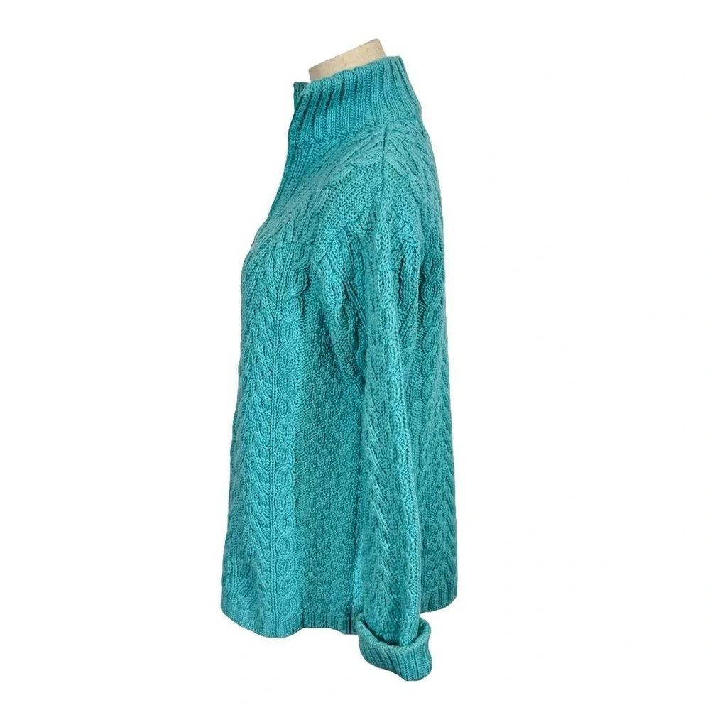 Aran Crafts 100% Merino Wool Turquoise Cable Knit 1/4 Zip Turtleneck Sweater