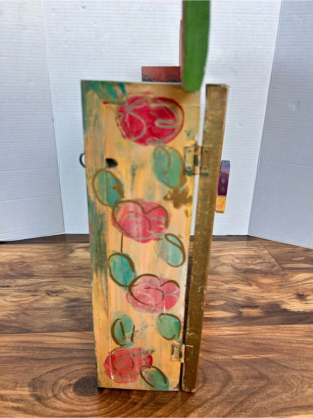 Hand Painted Folk Art Wall Cabinet Coastal Fish Motif Beach Rustic Wooden Shadow