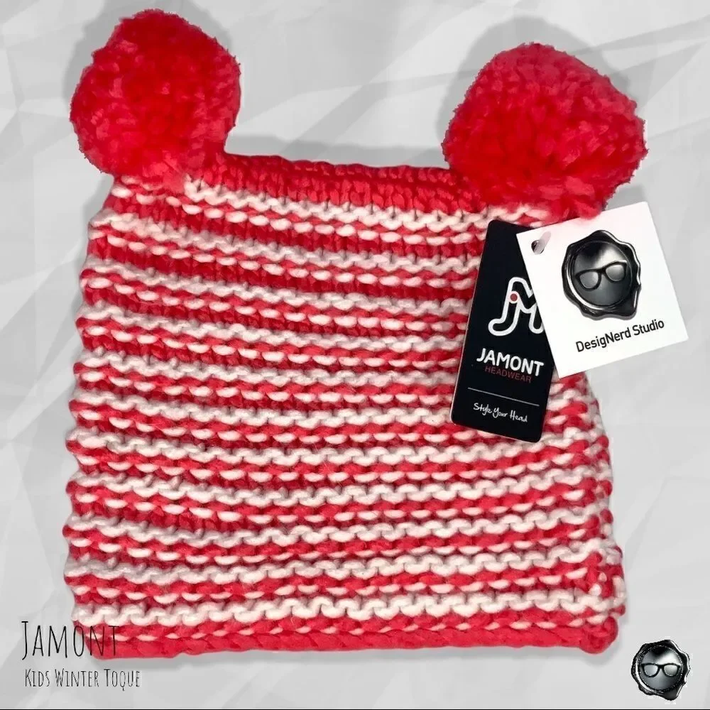 KIDS DOUBLE-POM NORDIC BEANIE IN RED-ORANGE & WHITE STRIPE WINTER SKI HAT YOUTH