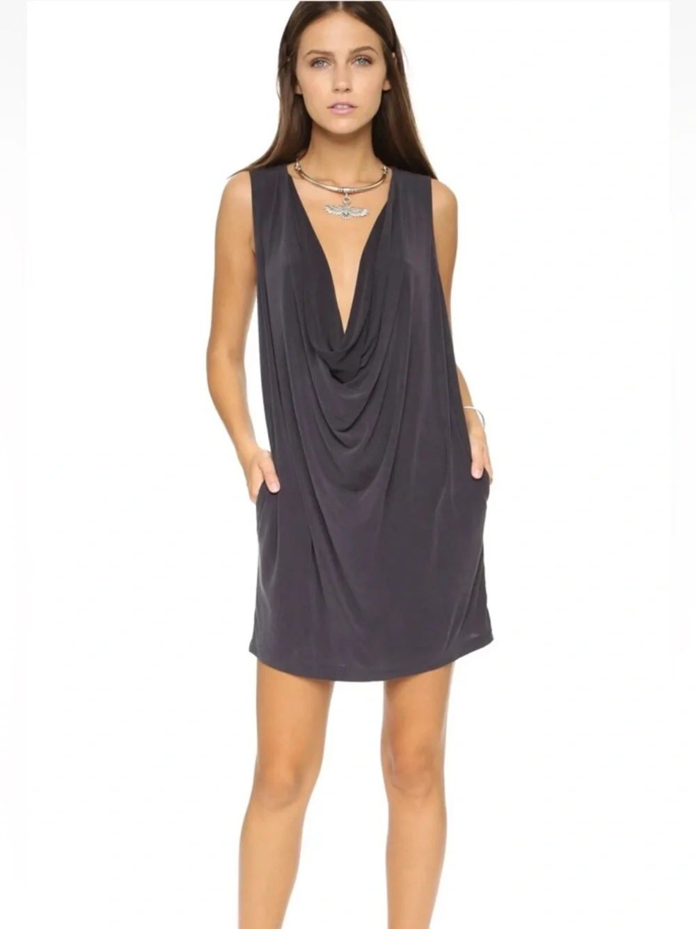 Free People Pillow Talk cowl‎ neck tank dress pockets gray black small