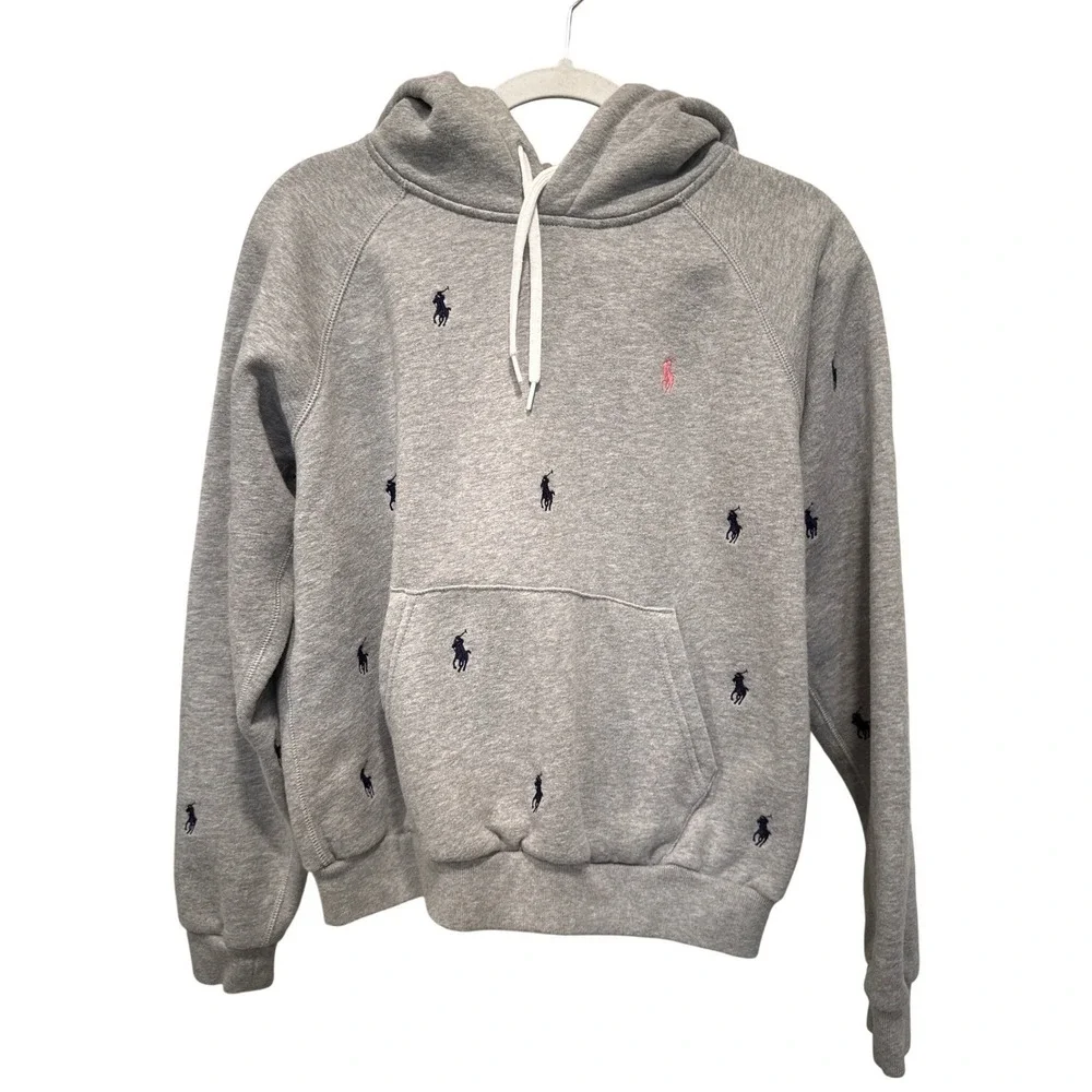 Pink Pony by Ralph Lauren All‎ Over Logo Hoodie Sweatshirt Gray Girls Size Large
