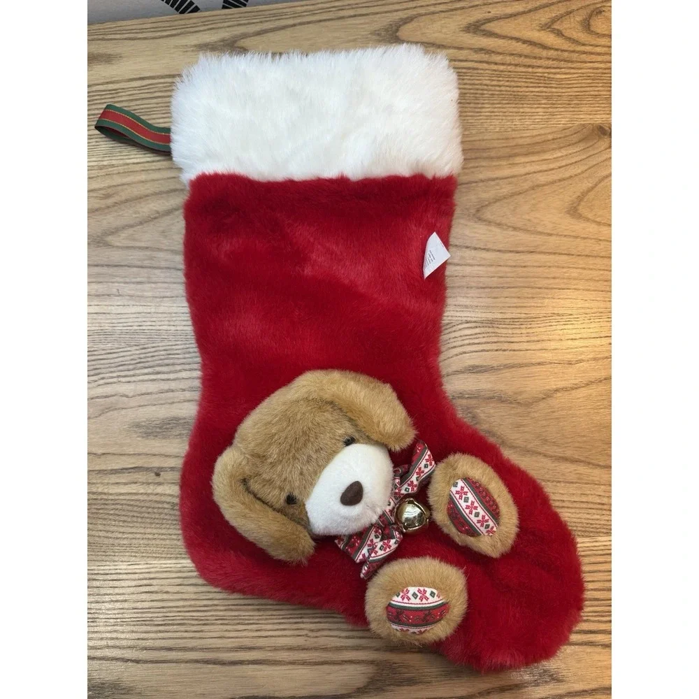 Christmas Holiday Stocking Soft brown‎ and white Plush Puppy dog red white 3D