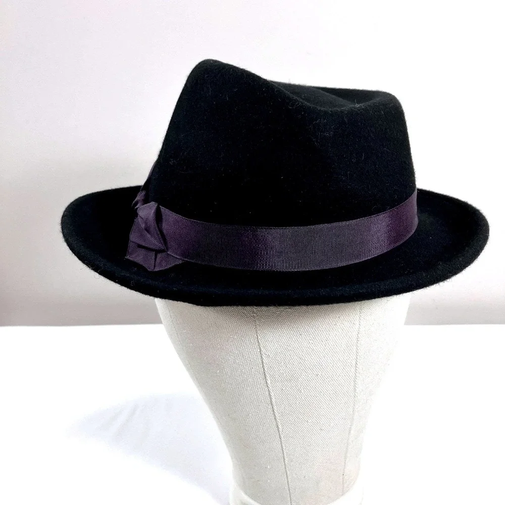 Grace Hats Fedora Black Wool‎ Felt Purple Grosgrain Ribbon Bow Accent Hat