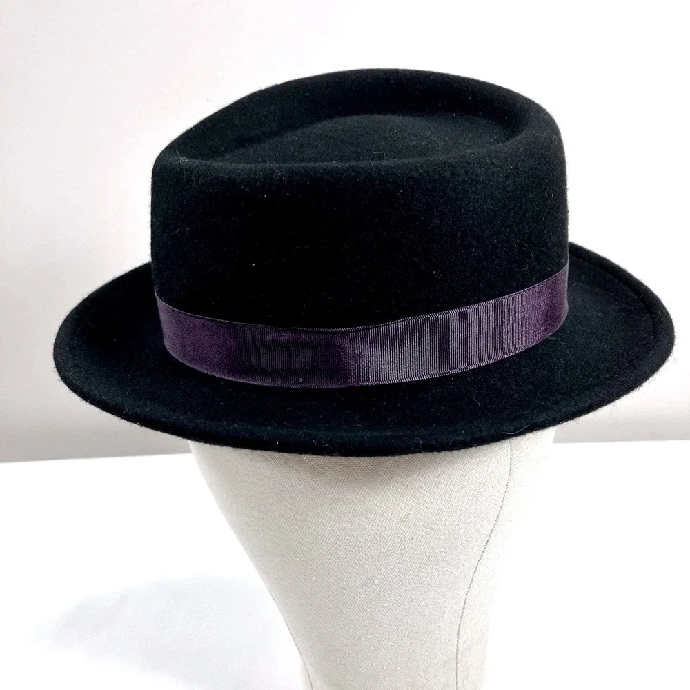 Grace Hats Fedora Black Wool‎ Felt Purple Grosgrain Ribbon Bow Accent Hat